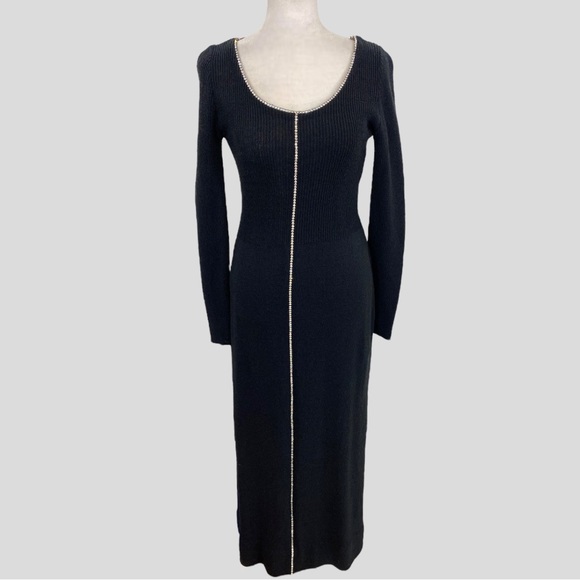 Vintage Bombshell Black Long Sleeve Knit Maxi Dress with Crystal Trim - Picture 1 of 10